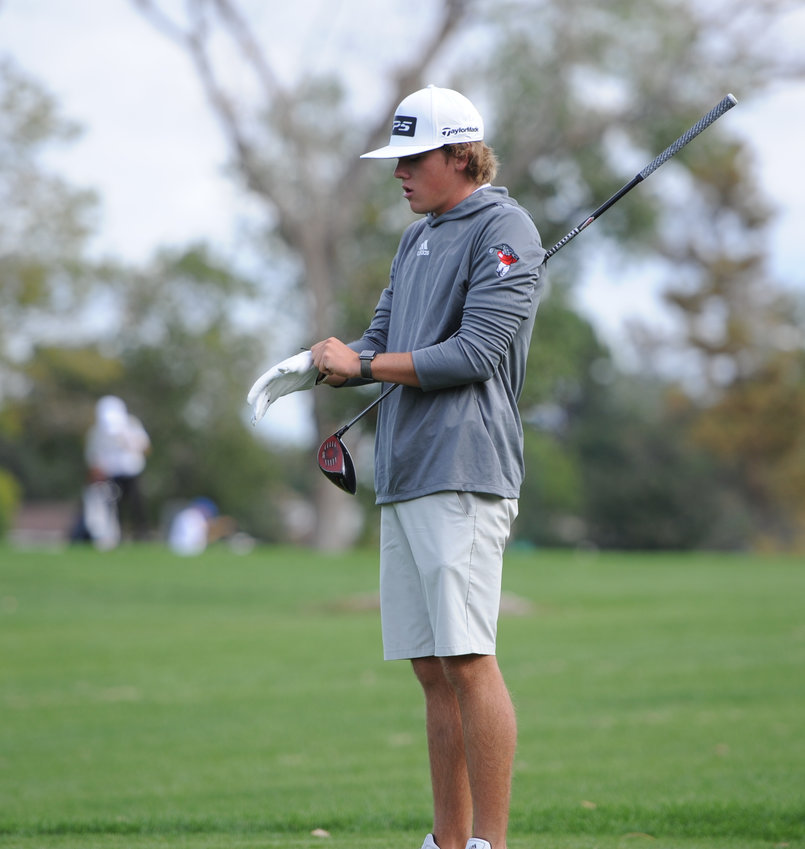 Brighton's Kyle Leydon gets ready to tee off during the opening round of CHSAA's 5A boys golf state championships at Denver's City Park Oct. 3.